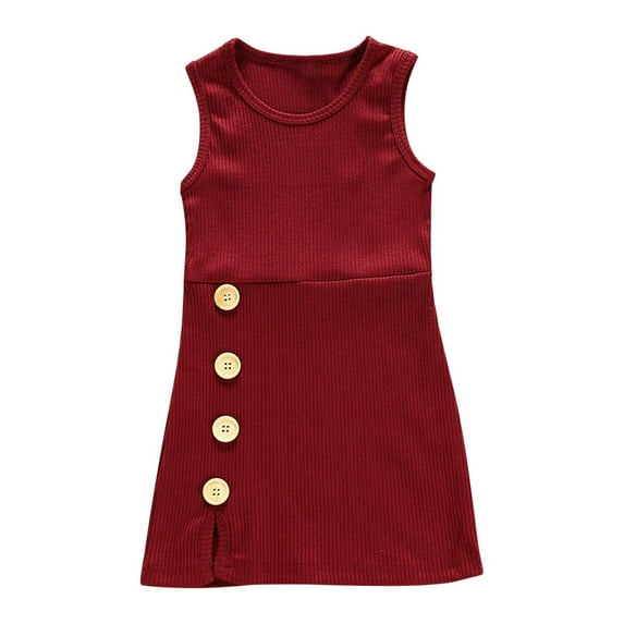 LLYWEY Girls Ribbed Tank Dresses, Toddler Baby Girls Solid Round Neck Sleeveless Summer Dresses Side Button Casual Sundress, Style BY-30, Red, 3 Months