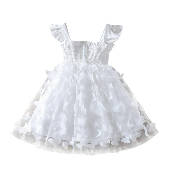 LLYWEY Girls Ruffle White Dresses, Toddler Girl Summer Dresses, Cute Mesh A-Line Casual Sundress Ruffle Sleeve Smocked Princess Flowy Dress Age 2-14 Years, Style BY-25, White, 4T
