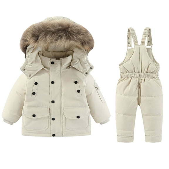 LLYWEY Girls Snowsuit with Ski Bibs and Puffer Jacket - Unisex 2 Piece Snow Suits - Kids Winter Hooded Long Sleeve Down Coat and Snow Pants Outdoor Snowboarding by Llywey ,Beige ,4T