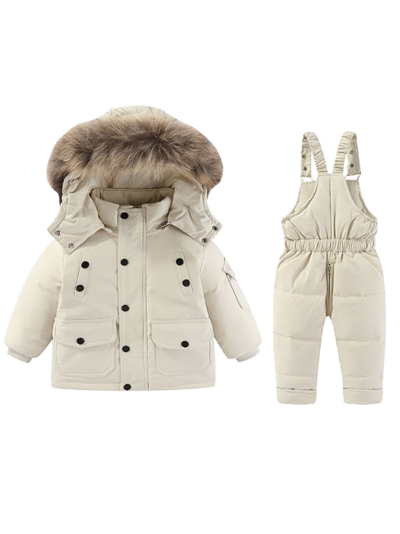 Girls Snowsuit with Ski Bibs and Puffer Jacket - Unisex 2 Piece Snow Suits - Kids Winter Hooded Long Sleeve Down Coat and Snow Pants Outdoor Snowboarding by Llywey ,Beige ,3T