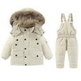 thumbnail image 1 of LLYWEY Girls Snowsuit with Ski Bibs and Puffer Jackets - Unisex 2 Piece Snow Suits - Kids Winter Hooded Long Sleeve Down Coat and Snow Pants Outdoor Snowboarding by Llywey ,Beige ,2T, 1 of 8