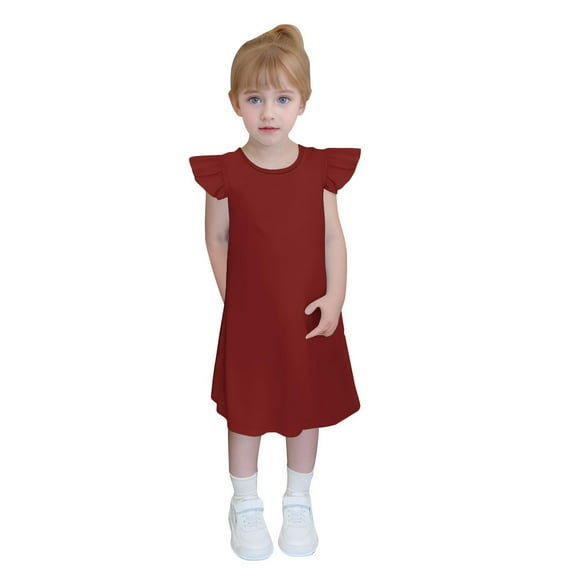 LLYWEY Girls Summer Dresses with Ruffle Sleeve Crew Neck T-Shirt Dresses Solid Colors A-Line Knee Length Casual Sundress Size 3-12 Years, Style BY-54, Red, 7T