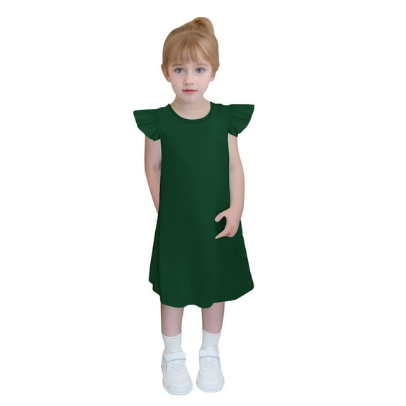 LLYWEY Girls Summer Dresses with Ruffle Sleeve Crew Neck T-Shirt Dresses Solid Colors A-Line Knee Length Casual Sundress Size 3-12 Years, Style BY-54, Green, 9T