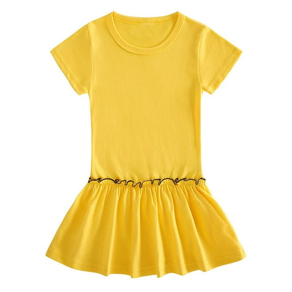 LLYWEY Girls Summer Skater Dresses, Toddler Casual Crew Neck Short Sleeve T-Shirt Dress For Kids 2-10 Years Old Solid Color Sundress, Style BY-59, Yellow, 9T