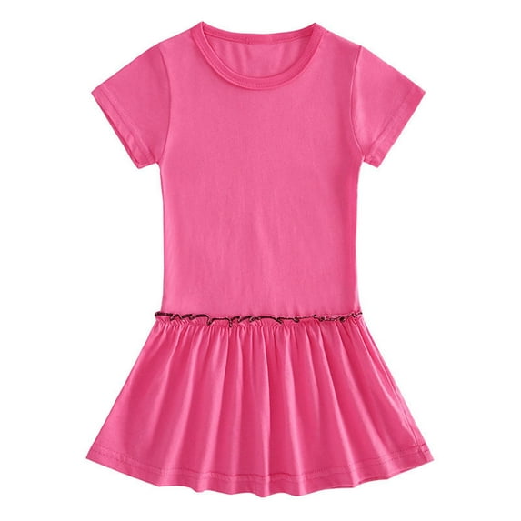 LLYWEY Girls Summer Skater Dresses, Toddler Casual Crew Neck Short Sleeve T-Shirt Dress For Kids 2-10 Years Old Solid Color Sundress, Style BY-59, Pinky, 7T