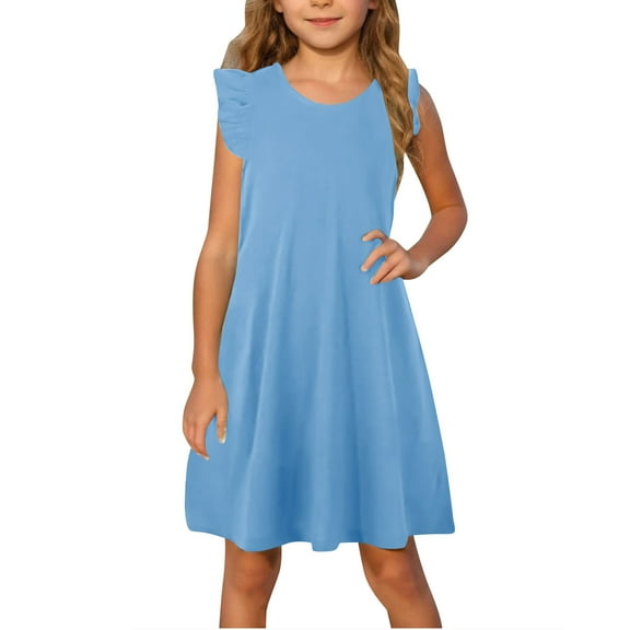 LLYWEY Girls T-Shirt Dresses - Summer Ruffle Sleeve A-Line Party Dresses, Vacation Beach Solid Color Crew Neck Sleeveless Knee Length Casual Sundress, Style BY-52, Blue, 9T