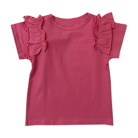 LLYWEY Girls T Shirts, Elegant Ruffle Short Sleeve Round Neck Summer Tops, Toddler Kids Casual Loose Blouses Tops Solid Color Girls’ Tees for 3-8 Years, Pinky, 120