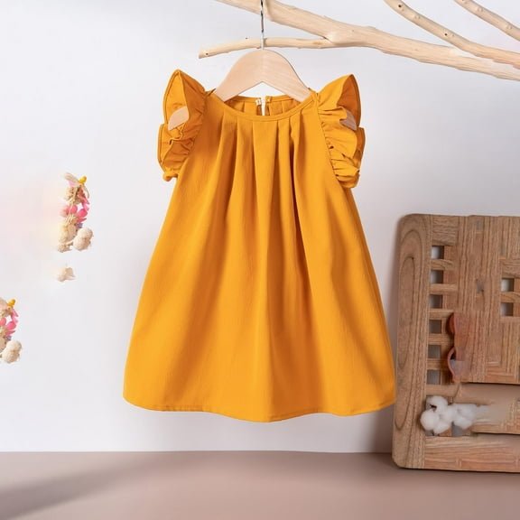 LLYWEY Girls Tunic Dresses, Toddler Baby Girl Ruffle Sleeveless Summer Dresses, Kids Solid Pleated Round Neck Loose Casual Sundress, , Yellow, 1T