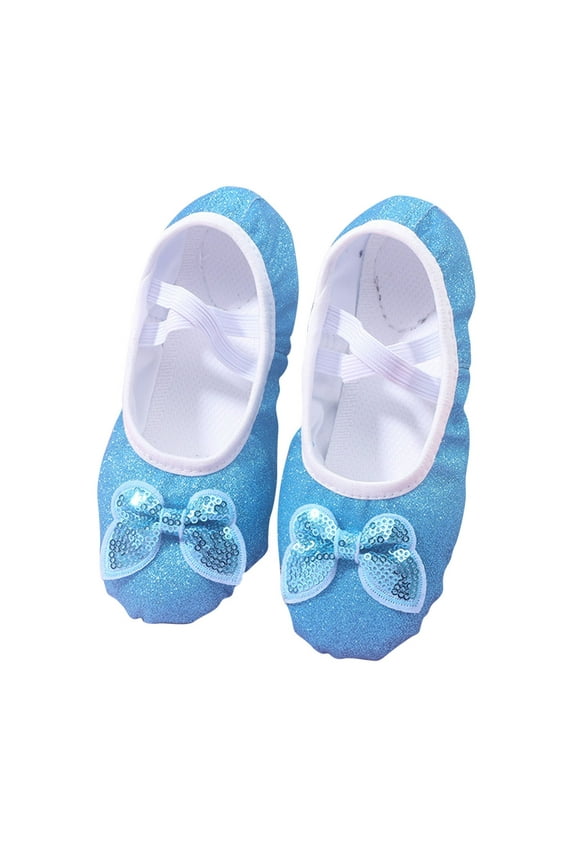 Glitter Ballet Slippers for Toddler Girls Sequin Bow Practice Dance Shoes Big Kids Soft Lightweight Split Sole Yoga Flats Shoes, Style S-22, Blue, 2T