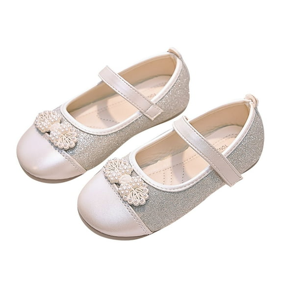 LLYWEY Glitter Flats for Toddler Girls Closed Toe Low Heels Ankle Strap Princess Dress Shoes Buckle Closure , Style S-9, Beige, 32