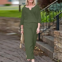 LLYWEY Linen 2 Piece Summer Outfits Women V-Neck Elbow-Length Pullover Tops and Wide Leg Pants Sets Women’s Plus Size Linen Outfit Sets New-31 Green-a 4XL