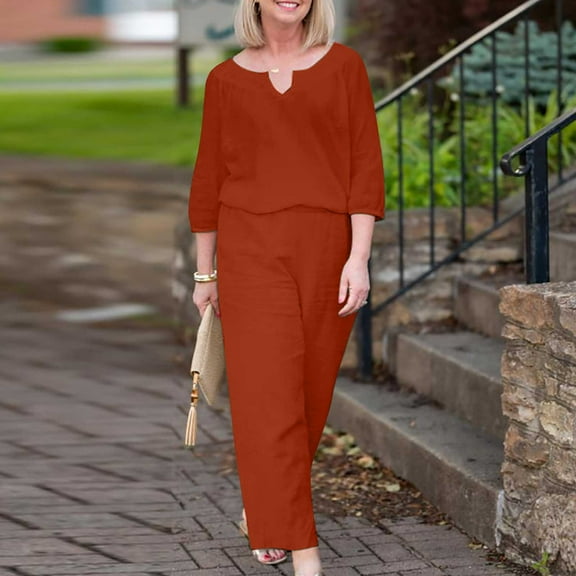 LLYWEY Linen 2 Piece Summer Outfits Women V-Neck Elbow-Length Pullover Tops and Wide Leg Pants Sets Women’s Plus Size Linen Outfit Sets New-31 Orange M