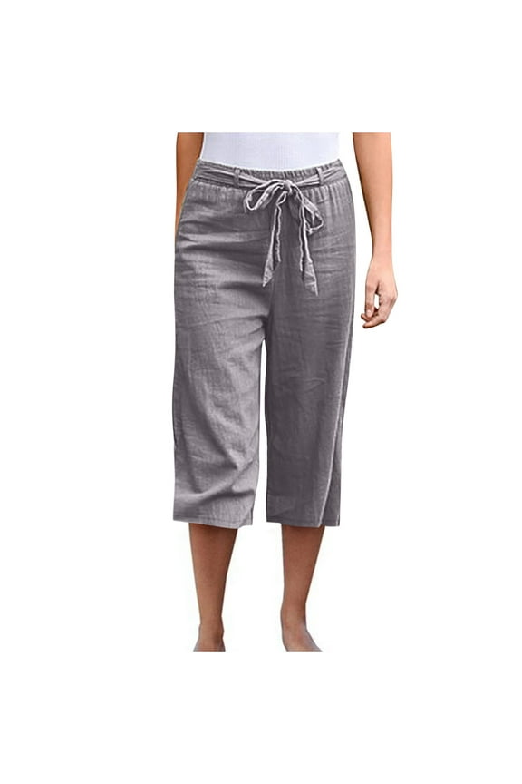 Linen Capris Women, Women’s Plus Size Casual Cropped Pants with Belt, Solid Color Elastic Waist Straight Leg Pull on Pockets Capris Pants, Style ST-11, Gray, 5XL