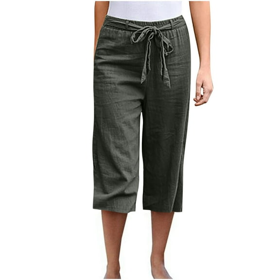 LLYWEY Linen Capris Women, Women’s Plus Size Casual Cropped Pants with Belt, Solid Color Elastic Waist Straight Leg Pull on Pockets Capris Pants, Style ST-11, Green-a, XXL