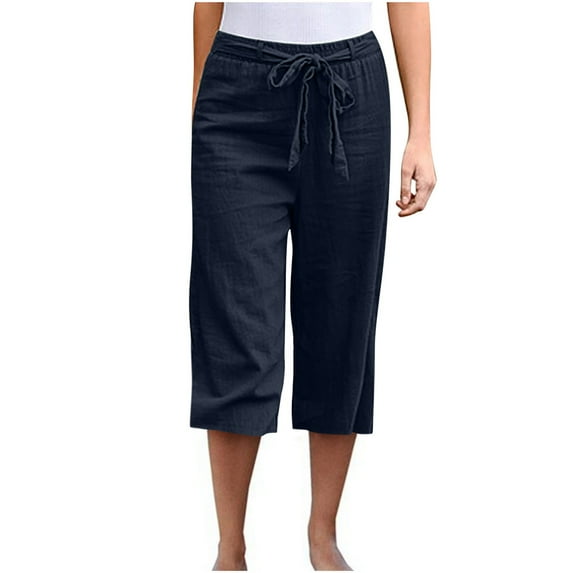 LLYWEY Linen Capris Women, Women’s Plus Size Casual Cropped Pants with Belt, Solid Color Elastic Waist Straight Leg Pull on Pockets Capris Pants, Style ST-11, Navy, S