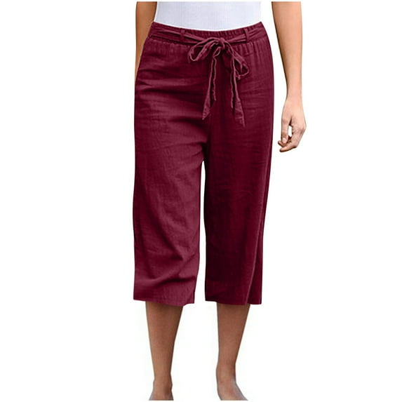 LLYWEY Linen Capris Women, Women’s Plus Size Casual Cropped Pants with Belt, Solid Color Elastic Waist Straight Leg Pull on Pockets Capris Pants, Style ST-11, Wine, M