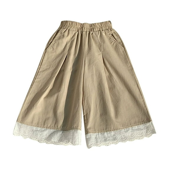 LLYWEY Linen Pants for Girls Casual 2025 Summer Drawstring Elastic High Waist Linen Pant Straight Wide Leg Beach Trousers with Pocket Beige 3T