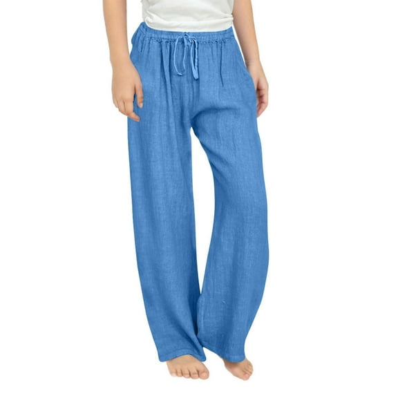 LLYWEY Linen Pants for Girls Casual 2025 Summer Drawstring Elastic High Waist Linen Pant Straight Wide Leg Beach Trousers with Pocket Blue 12T
