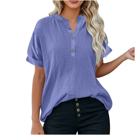 LLYWEY Linen Tops, Women’s Plus Casual Blouses, Short Sleeve Button-up Shirts Summer V-Neck T-Shirts