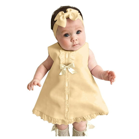 LLYWEY Newborn Infant Baby Girl Dress, Casual Summer Keyhole Back Sleeveless Lace Dresses with Hairband Outfits Sets Cute Dresses for Girls, Style BY-139, Beige, 0-6 Months