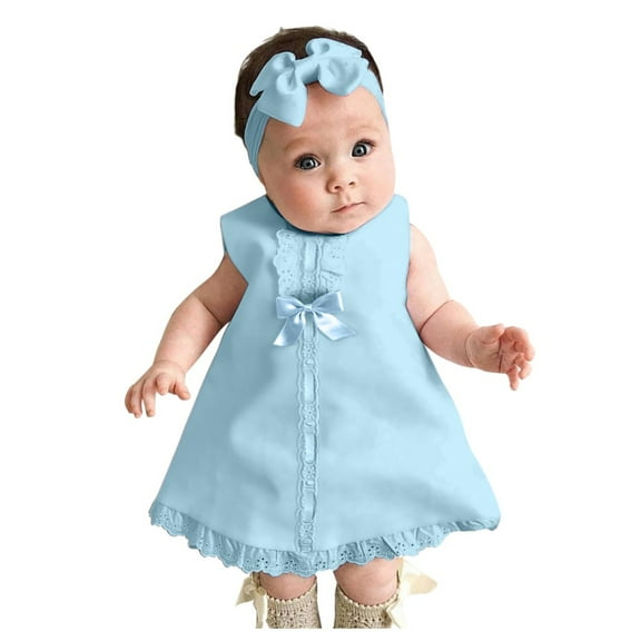 LLYWEY Newborn Infant Baby Girl Dress, Casual Summer Keyhole Back Sleeveless Lace Dresses with Hairband Outfits Sets Cute Dresses for Girls, Style BY-139, Blue, 12-18 Months