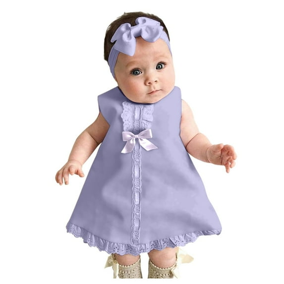 LLYWEY Newborn Infant Baby Girl Dress, Casual Summer Keyhole Back Sleeveless Lace Dresses with Hairband Outfits Sets Cute Dresses for Girls, Style BY-139, Purples, 12-18 Months