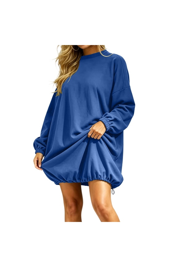Oversized Sweatshirt Women Drawstring Hem Soft Lightweight Casual Fall Solid Color Crew Neck Long Sleeve Fleece Pullover Sweatshirt No Hood Blue S