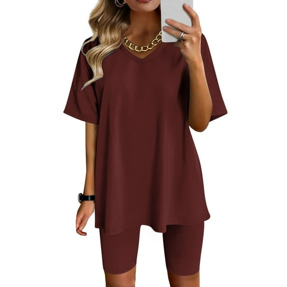 LLYWEY Oversized Tshirt and Biker Short Set Women 2 Piece Summer Outfits Trendy 2025 Two Piece Matching Sets New-30 Red XL