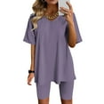 thumbnail image 1 of LLYWEY Oversized Two Piece Shorts Sets for Women Trendy 2 Piece Summer Outfits Casual Loose Solid Color V-Neck Short Sleeve Oversized Tshirt and Biker Short Sets New-34 Purples XL, 1 of 4