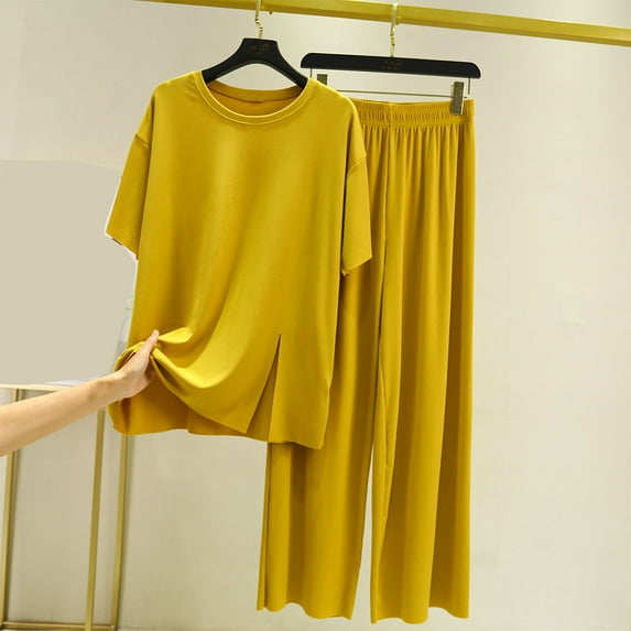 LLYWEY Pajama Sets for Women 2 Piece Round Neck Short Sleeve Tops and Long Pants Sleepwear Casual Loose Two Piece Outfit Sets Nightwear New-9 Yellow XXL