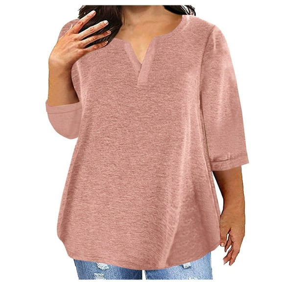 LLYWEY Plus Size V Neck Tops for Women 3/4 Sleeve Tops Casual Summer Tshirts Loose Fitted Tees Blouses T-Shirt Pinks L