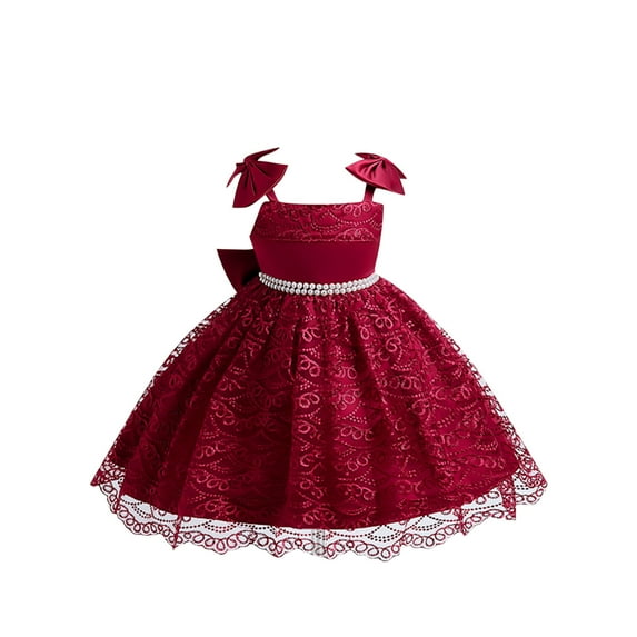 LLYWEY Princess Dresses for Toddler Girls Birthday Party Lace Bridesmaid Dresses Kids Wedding Pageant Party Long Prom Sleeveless Formal Ball Gown with Back Bow Knot, Style BY-1, Wine, 7T