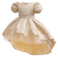 thumbnail image 1 of LLYWEY Satin Toddler Formal Dress, Girls Elegant Prom Gown, Kids High Low Puff Sleeve Mesh Ball Gown for Special Occasion Back Zipper Wedding Birthday Party Princess Dresses , Style BY-36, Beige, 5T, 1 of 8