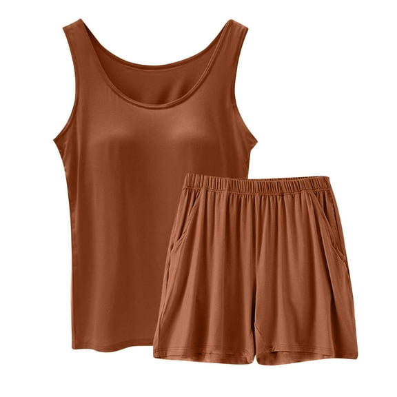 LLYWEY Shorts Sets Women 2 Piece Outfits Solid Color Sleeveless Built in Bra Tank Tops and Elastic Waist Pull on Shorts with Pockets Two Piece Outfit Sets New-16 Brown XXL