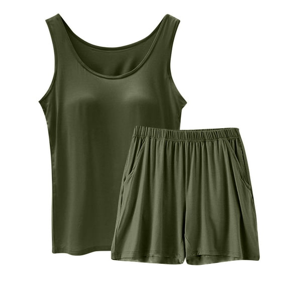 LLYWEY Shorts Sets Women 2 Piece Outfits Solid Color Sleeveless Built in Bra Tank Tops and Elastic Waist Pull on Shorts with Pockets Two Piece Outfit Sets New-16 Green-a M