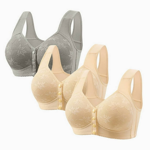 LLYWEY Snap Bras for Older Women 3 Pack Women Plus Push up Lace Front Closure Bras No Underwire