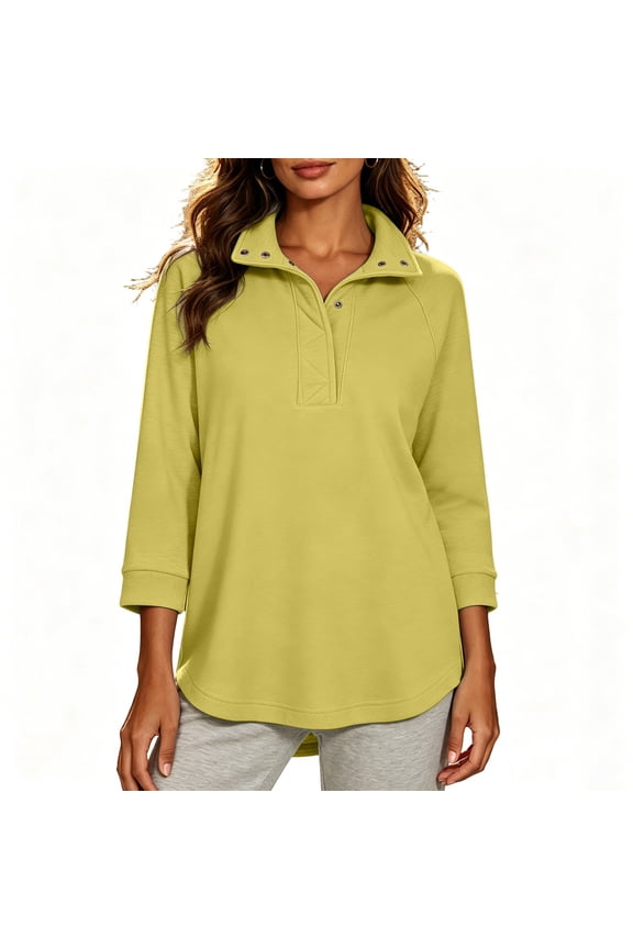 Soft Fleece Pullover Quarter Snap Button Stand Collar 3/4 Length Sleeve Sweatshirt No Hood, Women’s