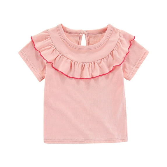 LLYWEY Toddler Baby Cotton T-Shirts, Girls Ruffle Crew Neck Short Sleeve Summer Shirts, Kids Keyhole Back Solid Color Tunic Tops Tees Vacation Casual Loose Blouses, Style-T-19, Pinks, 4T