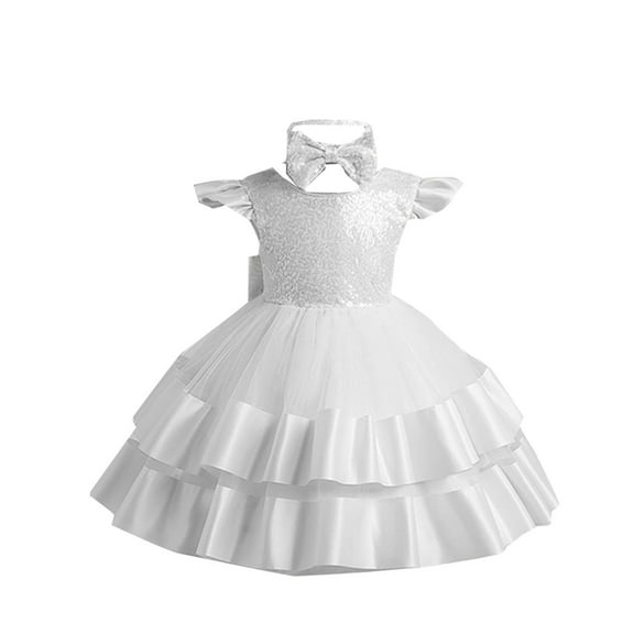 LLYWEY Toddler Baby Girls Princess Dresses, Sequin Ruffle Sleeve Formal Dresses Back Bowknot Backless V-Neck Puffy Ball Gowns Knee Length Wedding Pageant Birthday Party Wear, Style BY-2, White, 2T