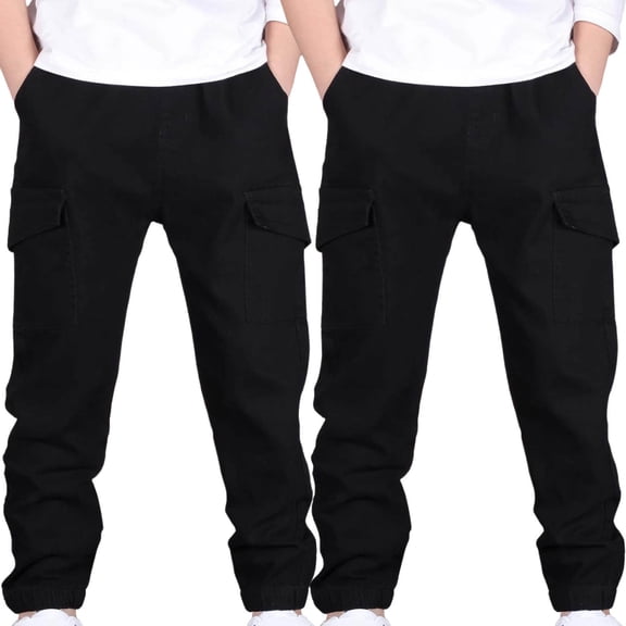 LLYWEY Toddler Boy Cargo Pants, 2 Pack Jogger Pants for Boys, Stretch Elastic Waist Pull On Loose Casual Multi-pocket Trousers for School Uniforms