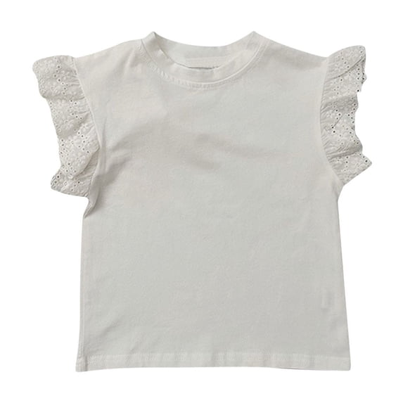 LLYWEY Toddler Girl Ruffle Summer Tops, Girls Lace Ruffle Cap Sleeve T-Shirts Casual Loose Crew Neck Blouse Shirts, White, 120