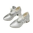 thumbnail image 1 of LLYWEY Toddler Girl's Dress Shoes, Girls Pumps Shoes, Closed Toe Low Heels Ankle Strap Pumps with Bow for Big Kids Princess Wedding Party Footwear , Style S-3, Silvers, 5.5T, 1 of 5