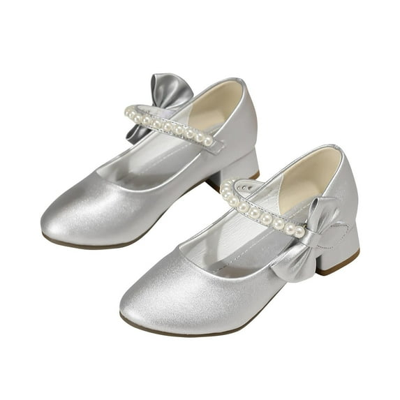 LLYWEY Toddler Girl's Dress Shoes, Girls Pumps Shoes, Closed Toe Low Heels Ankle Strap Pumps with Bow for Big Kids Princess Wedding Party Footwear , Style S-3, Silvers, 5.5T