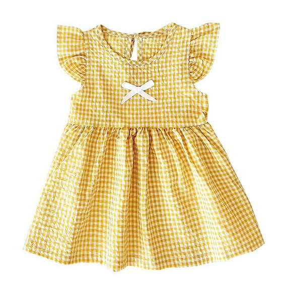 LLYWEY Toddler Girls Ruffle Dresses, Infant Baby Girls' Plaid Dresses, Kids Tie Back Keyhole Sleeveless Spring Summer Sleeveless Casual Sundress, Style BY-44, Yellow, 3-4T