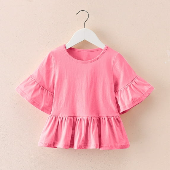 LLYWEY Toddler Girls Ruffle Dresses, Kids Flared Short Sleeve Round Neck Casual Shirt Dresses Summer Solid Color Ruffle Hem Tunic Tops, , Pinks, 12T