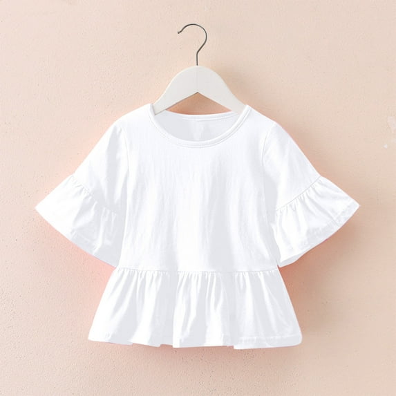 LLYWEY Toddler Girls Ruffle Dresses, Kids Flared Short Sleeve Round Neck Casual Shirt Dresses Summer Solid Color Ruffle Hem Tunic Tops, , White, 5T
