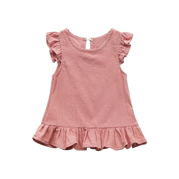 LLYWEY Toddler Girls Ruffle Tops, Baby Girl Linen Ruffles Hem Sleeveless T-Shirts, Kids Solid Color Keyhole Back Summer Round Neck Sleeveless Loose Casual Blouses Shirts, Style-T-12, Pinks, 6 Months
