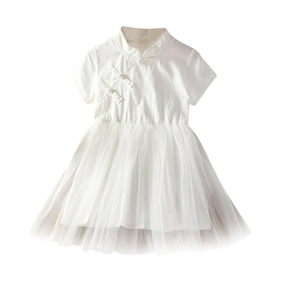 LLYWEY Toddler White Lace Dress, Girls Mock Neck Short Sleeve Sundress, Big Kids Pleated A-Line Formal Princess Wedding Party Dresses, Style BY-18, White, 4T