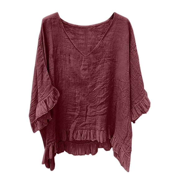 LLYWEY Tunic Tops for Women Button Crew Neck Summer T-Shirt Ruched Front Short Sleeve Tops, Wine M