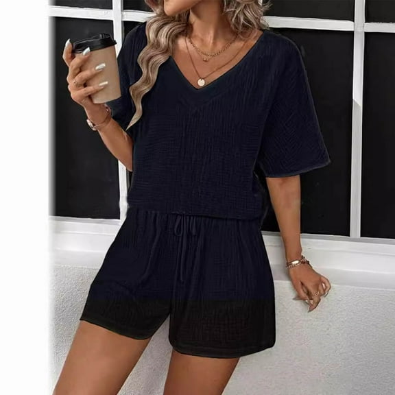 LLYWEY Vacation Outfits for Women Summer 2 Piece Outfits Sets Solid Color Casual Loose V-Neck Short Sleeve Tops & Drawstring Shorts Sets New-27 Black L